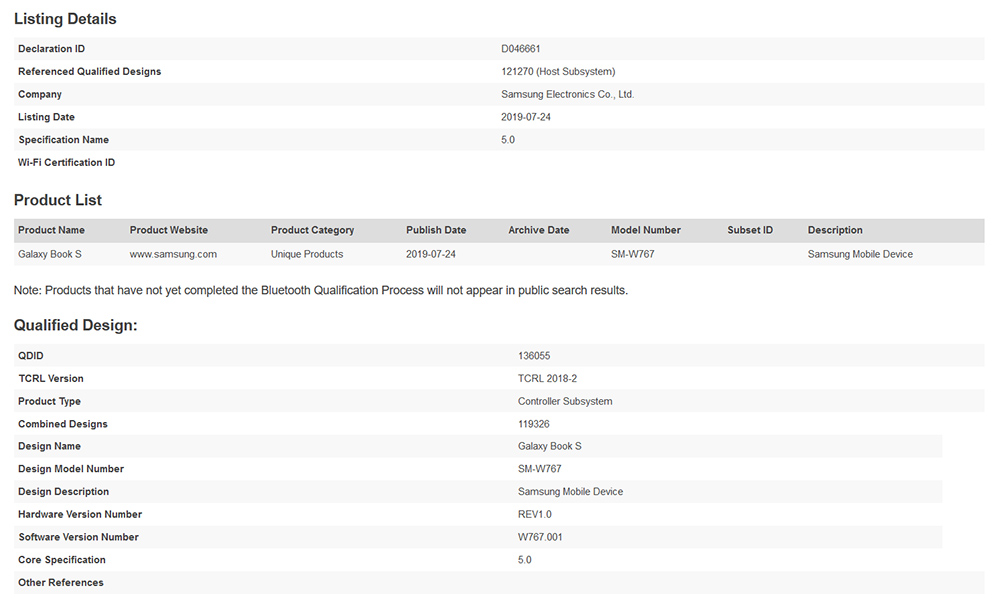 Samsung Galaxy Book S Bluetooth Listing