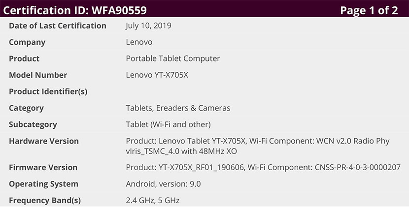 Lenovo YT-X705X Wi-Fi Certification