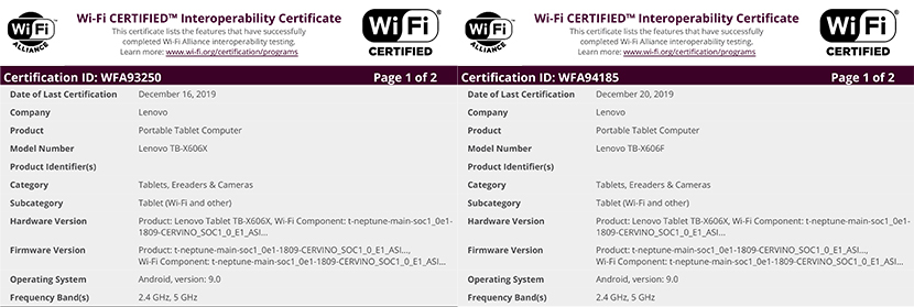 Lenovo TB-X606X and TB-X606F Wi-Fi Certificate