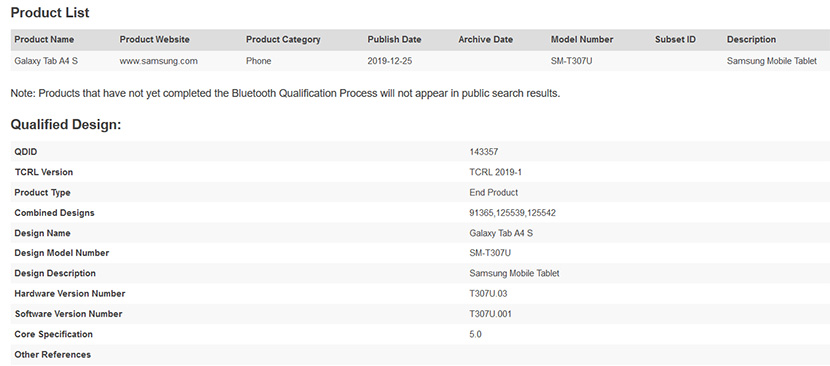 Samsung Galaxy Tab A4 S Bluetooth Listing