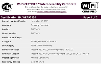 Samsung SM-T307U Wi-Fi Listing