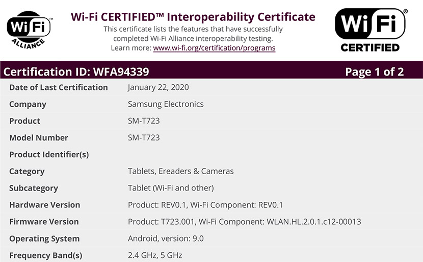 Wi-Fi Certificate WFA94339 (Samsung SM-T723)