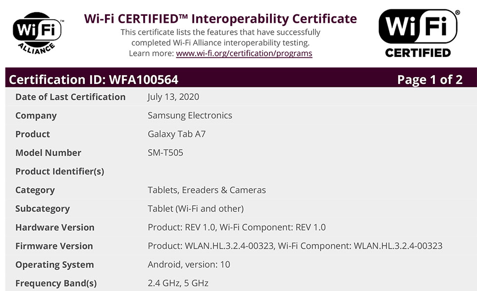 Samsung Galaxy Tab A7 SM-T505 Wi-Fi Certificate WFA100564