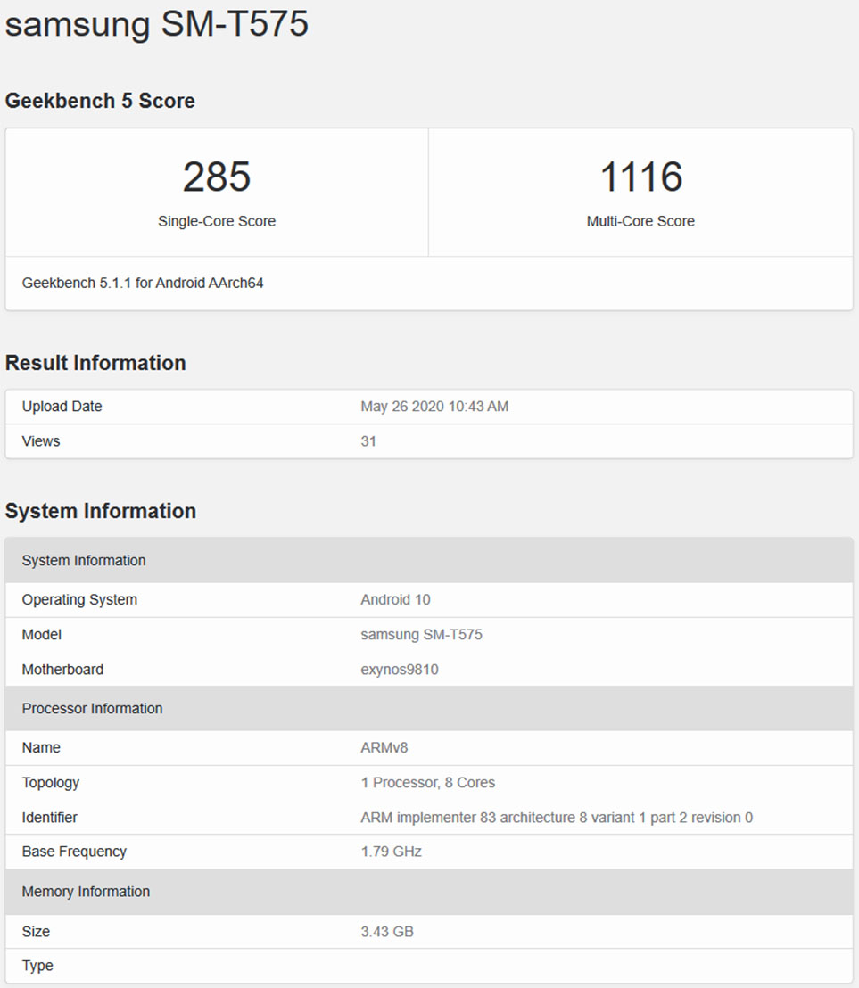 Samsung SM-T575 Geekbench Browser