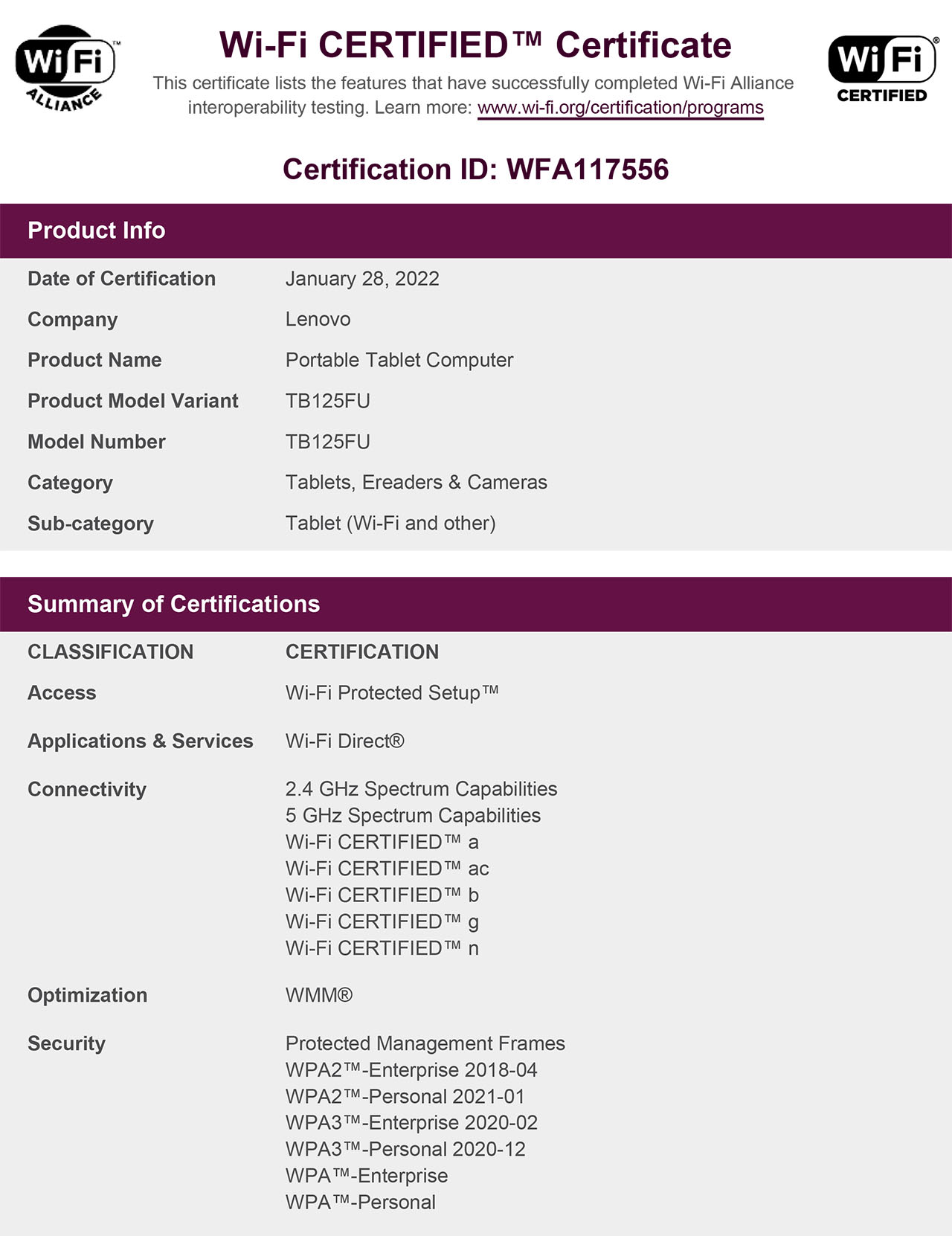 lenovo tb125fu wifi certificate