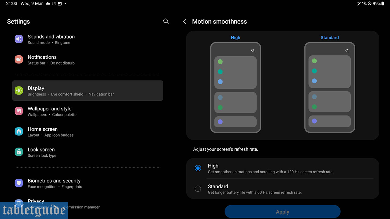 galaxy tab s8 plus screen refresh rate settings