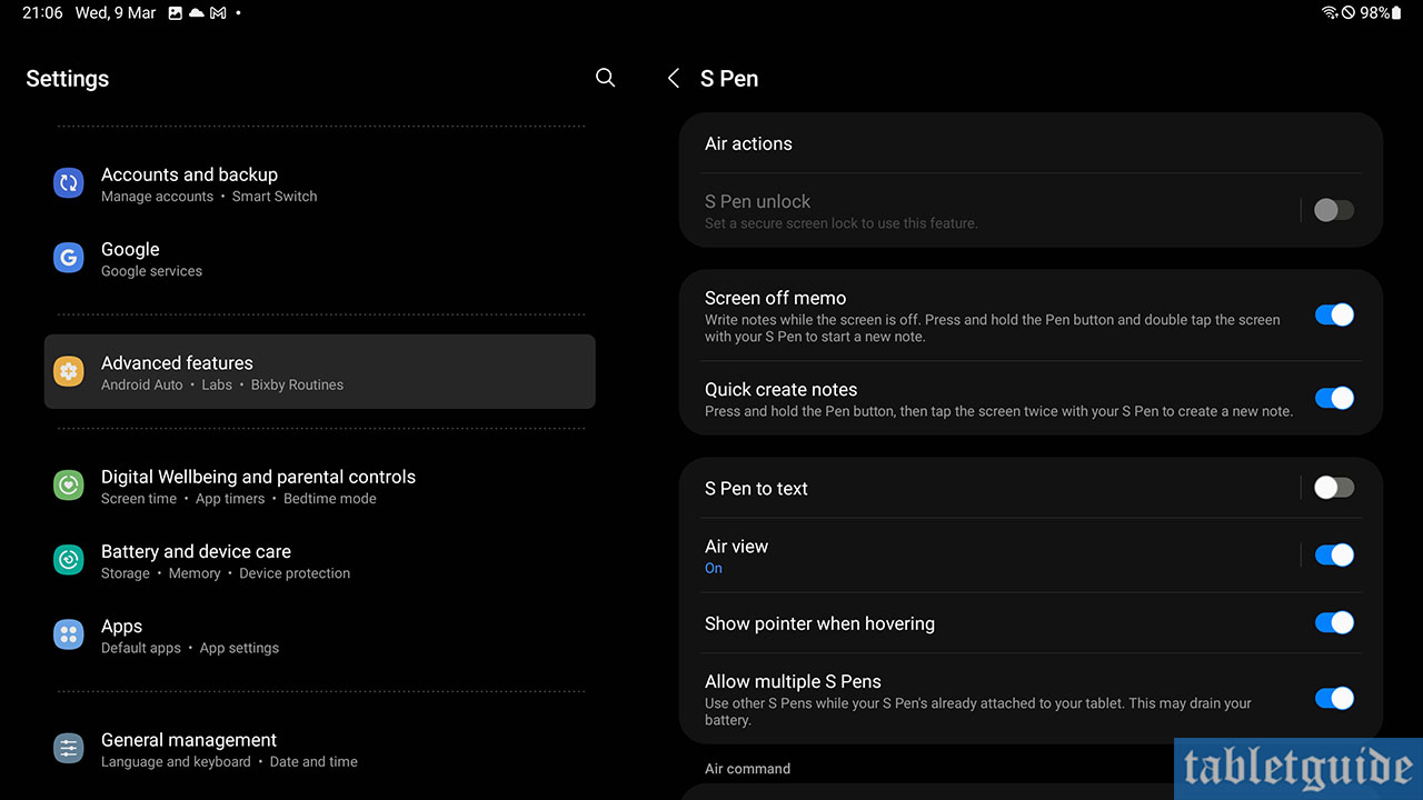 s-pen settings galaxy tab s8 plus