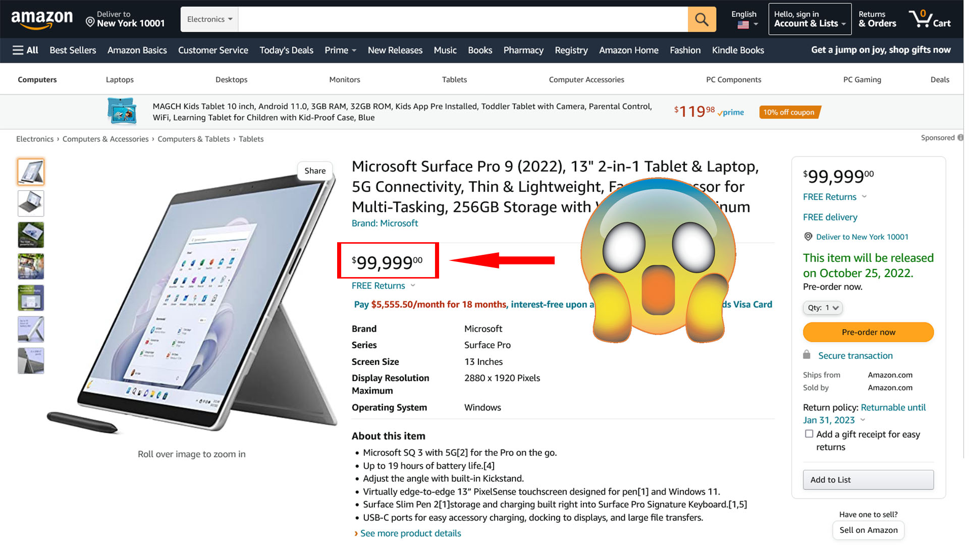 amazon lists surface pro 9 for 99999 dollars by mistake