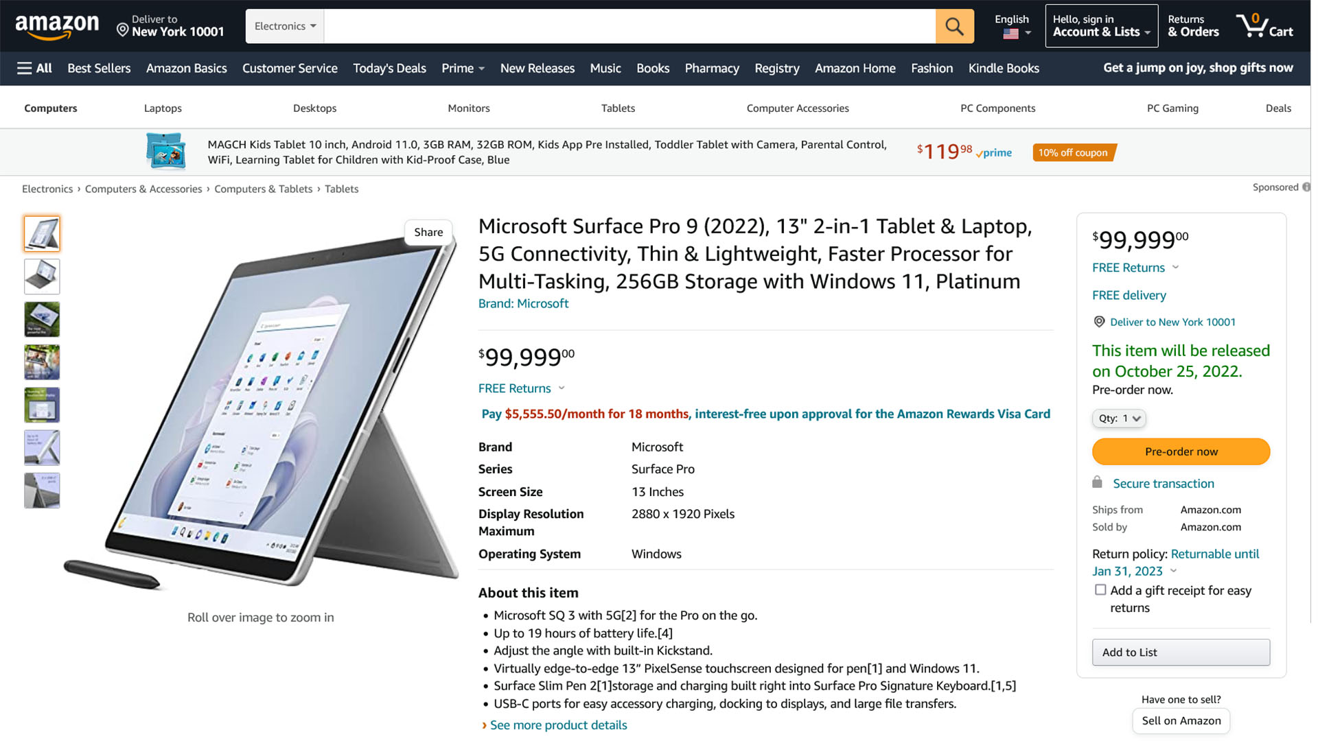 amazon lists surface pro 9 for 99999 usd by mistake